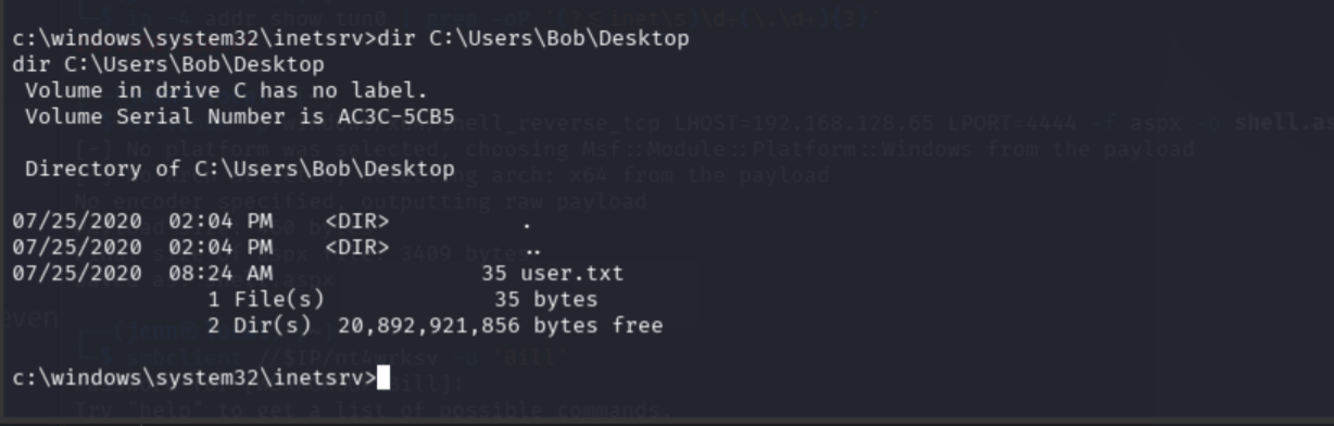 dir C:\Users\Bob\Desktop listing user.txt